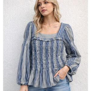 Rod’s Smocked Cotton Peplum Top Blue Cottagecore Boho Prairie Womens Medium